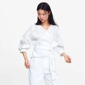 ZARA Cotton Linen Blend Boho Floral Embroidery Wrap Top Sz S